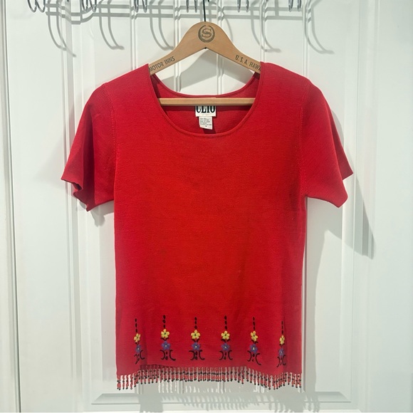 Clio Red Embroidered Knit Sweater Women’s M Short Sleeve Top Beaded Silk Cotton - Picture 1 of 8